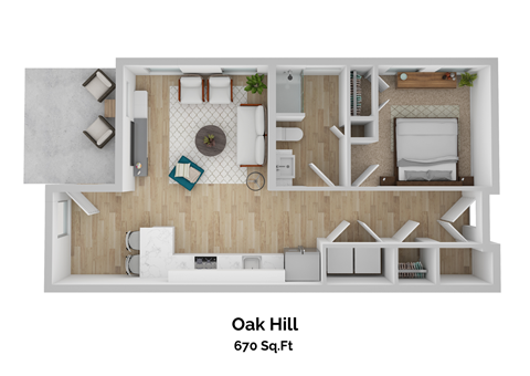 Floor plan for 1 bed, 1 bath, 670 sqft